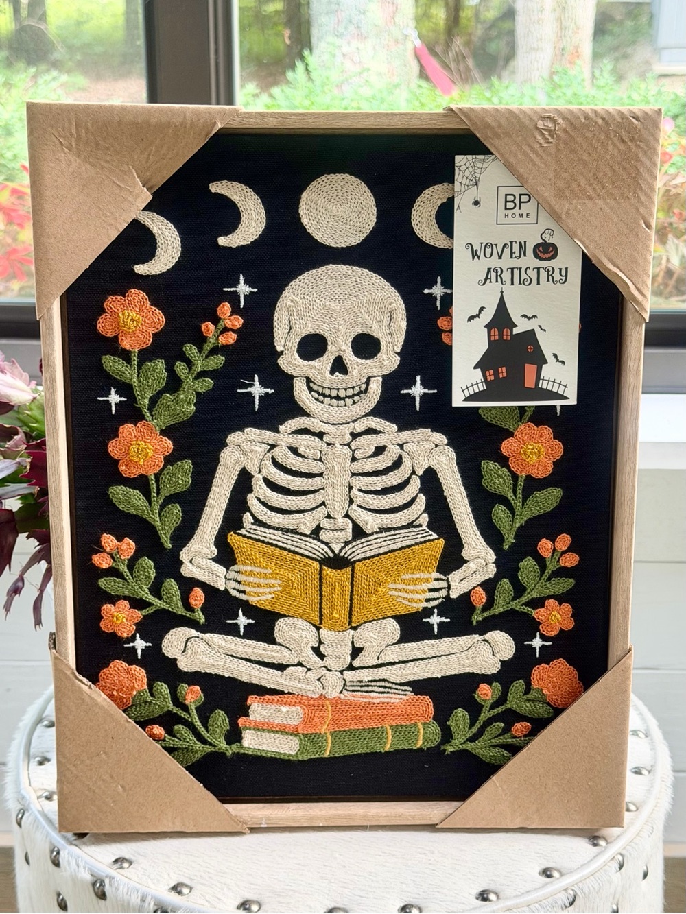BP Home Skeleton Reading Book Moon Floral Embroidered Wall Art 12x15 Black Goth